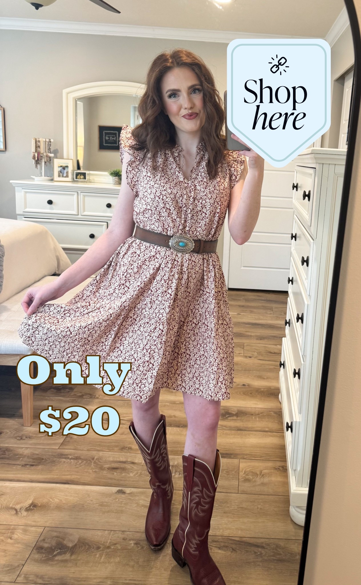 Floral mini dress outfit with cowboy boots — and this dress is only $20! 🌸🤠 The ruffle cap sleeves and floral print make it so feminine, and the turquoise concho belt gives it that western edge I love. Such a perfect spring outfit. Everything linked on my LTK!
#LTKstyle #LTKfindsunder50 #LTKseasonal #LTKstyletip

#LTKgrwm #LTKootd #LTKWorkwear