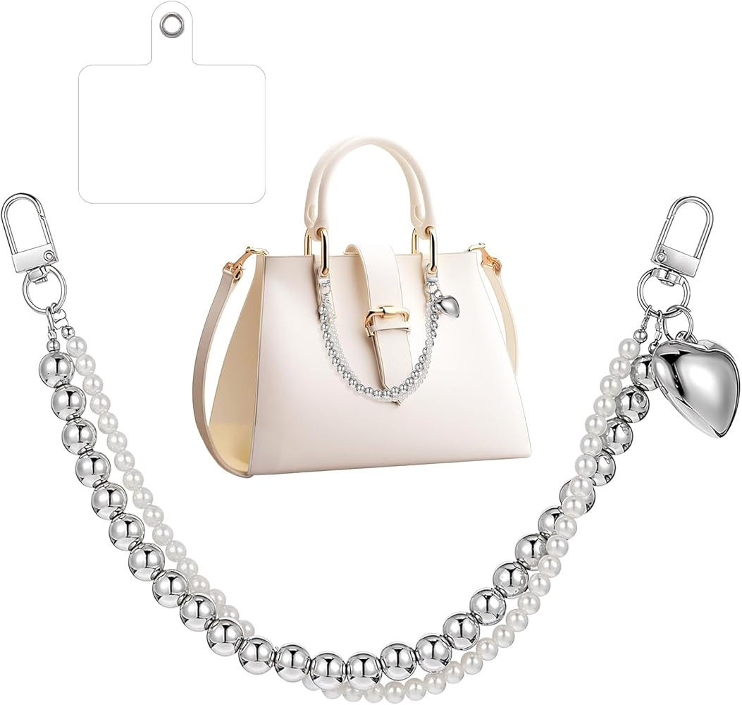 Molain Pearl Purse Chain Silver Handbag Straps with Heart Pendant Metal Shoulder Bags Short Handl... | Amazon (US)