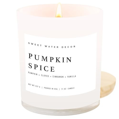 Sweet Water Decor Pumpkin Spice Candle - Fall Candles with Pumpkin, Clover, Cinnamon & Vanilla Scent for Home - Pumpkin Candle with 50 Hours Burn Time - 11Oz Wood Lid White Jar Soy Candles | Amazon (US)