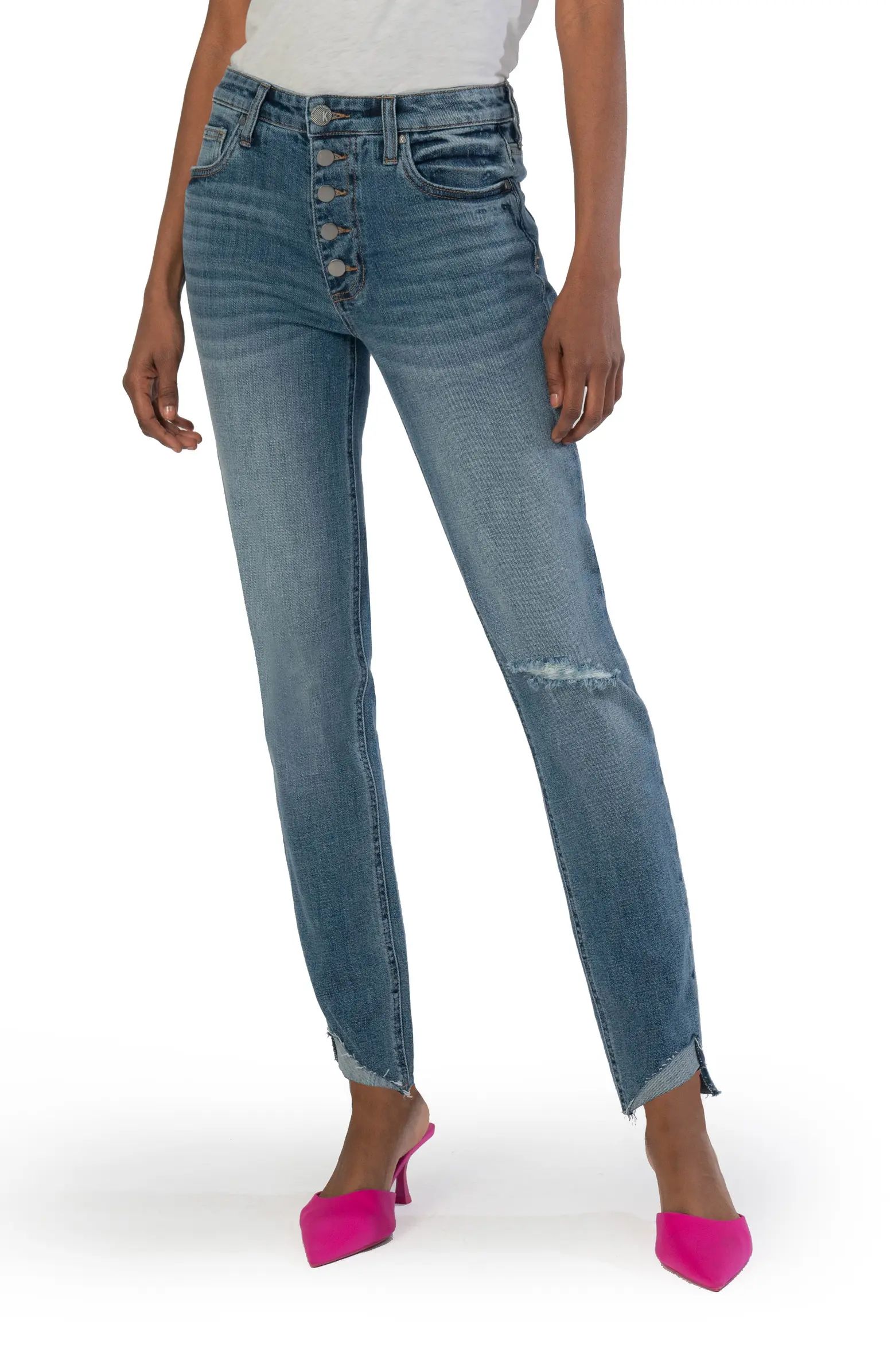 Reese Fab Ab Exposed Button High Waist Raw Hem Straight Leg Jeans | Nordstrom