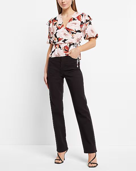 Floral Print Faux Wrap Puff Sleeve Peplum Top | Express