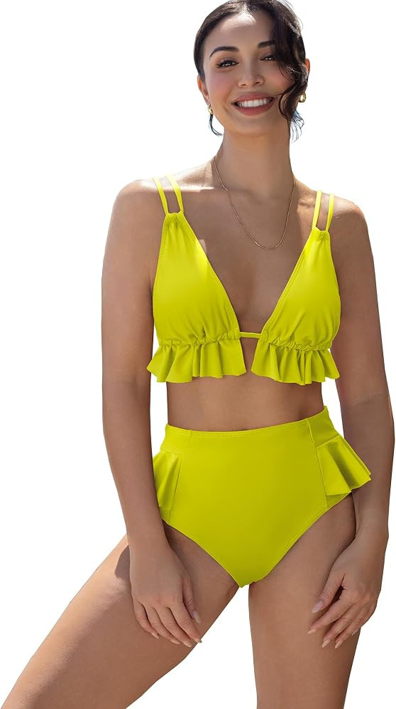 SPORLIKE Women High Waisted Swimsuit Ruffle V Neck Bikini Two Pieces Swimwear | Amazon (US)