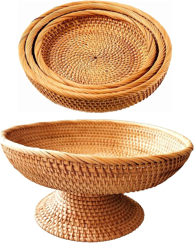 4Packs Round Rattan Bread Baskets,12inch Rattan Decorative Pedestal Fruit Bowl with Rolled Edge, ... | Amazon (CA)