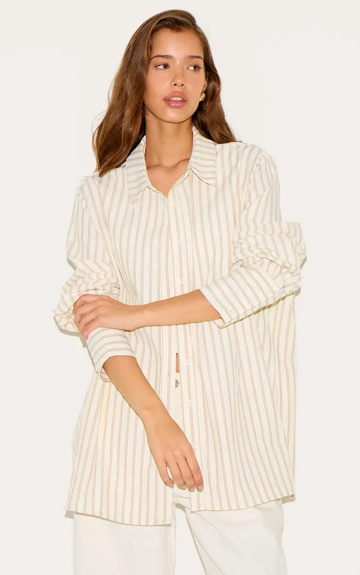 Cream Oversized Stripe Cuff Shirt | PrettyLittleThing USA | PrettyLittleThing US