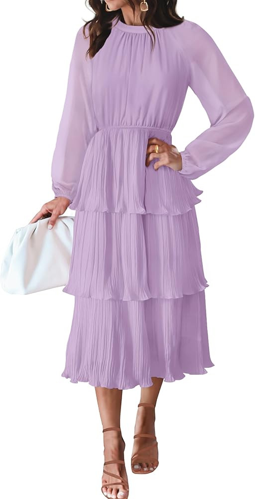 ZESICA Women's 2023 Long Sleeve Crew Neck Ruffle Tiered Layered Chiffon Flowy Swing Long Midi Dre... | Amazon (US)