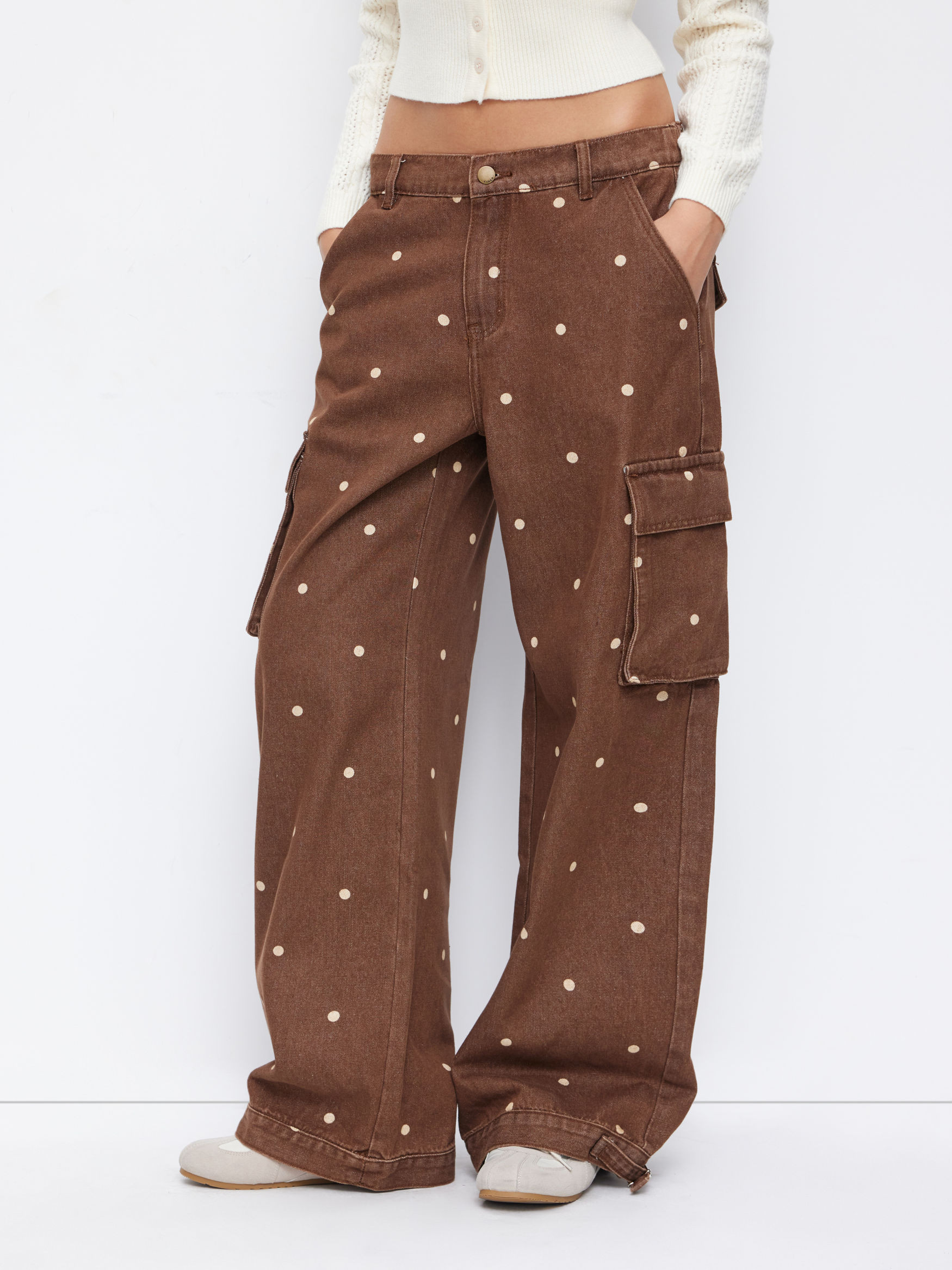 Denim Denim Polka Dot Low Rise Oversized Wide Leg Cargo Jeans For Daily Casual | Cider