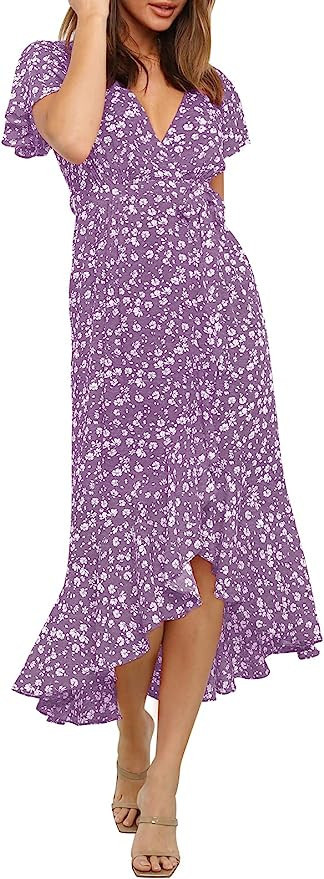 ZESICA Women's Summer Bohemian Floral Printed Wrap V Neck Beach Party Flowy Ruffle Midi Dress | Amazon (US)