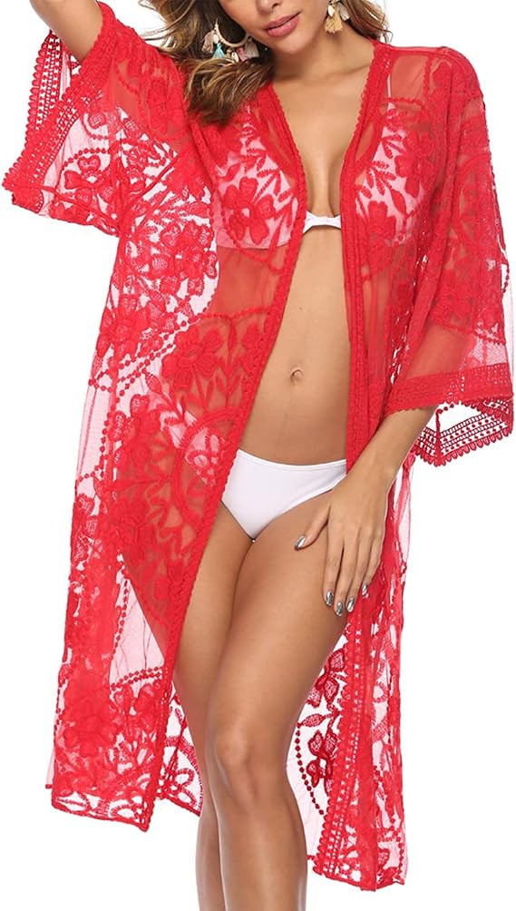 Women's Lace Cardigan Floral Crochet Sheer Beach Cover Ups Long Open Kimono | Amazon (US)