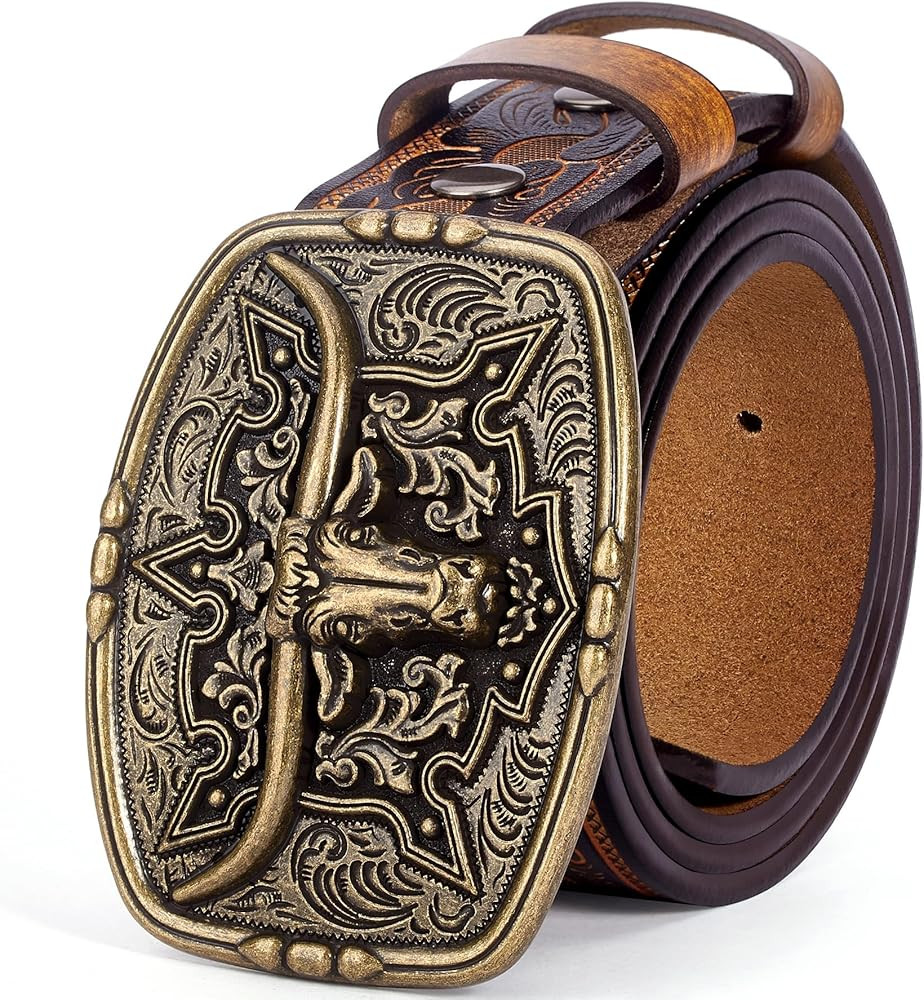 BISON DENIM Men's Western Cowboy Belt with Big Printed Engraved Buckle Strap Adjustable | Amazon (US)