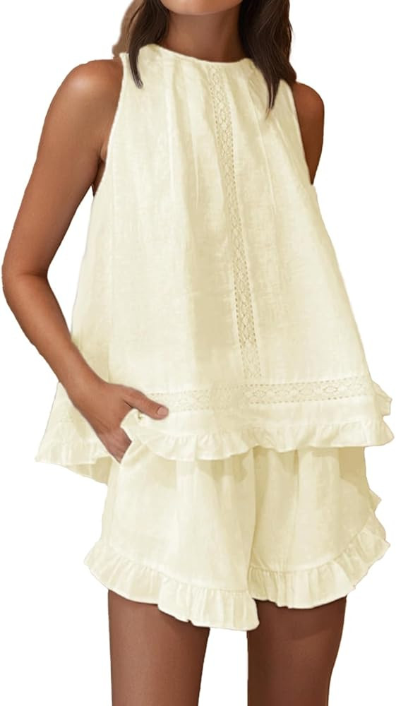 Womens Ruffle Pajama Set Cotton 2 Piece Sets Summer Sleeveless Lace Trim Top and Shorts | Amazon (US)
