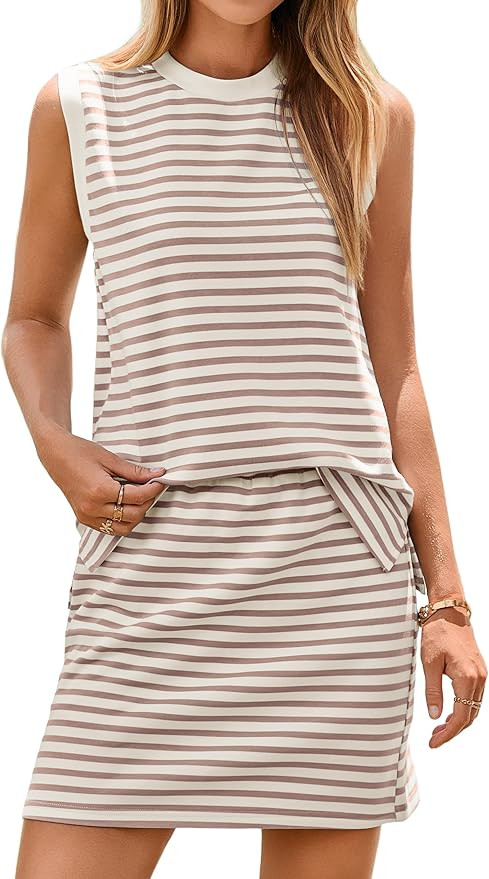 Glamaker Summer 2 Piece Short Skirt Sets For Women Striped Sleeveless Tennis Skorts Travel Vacati... | Amazon (US)