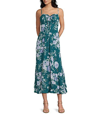 Midnight Doll Floral Printed Chiffon Corset Bodice Midi Dress - L | Dillard's