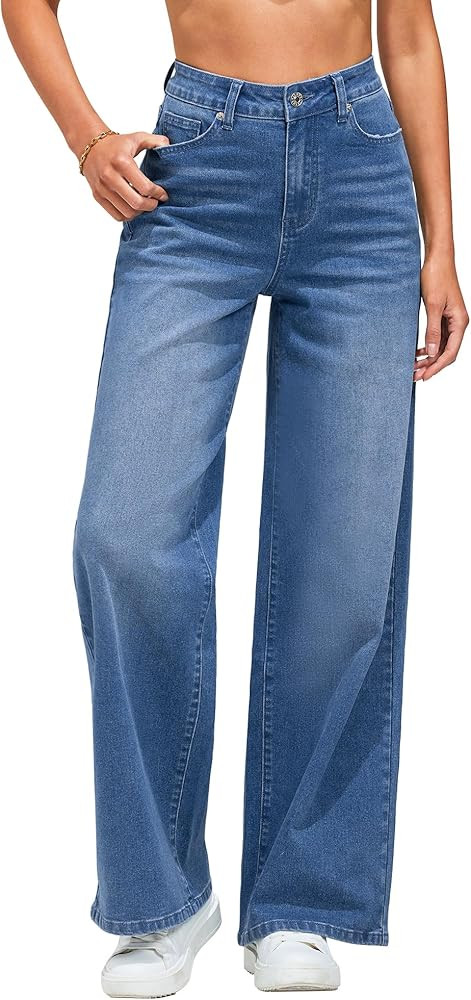 GRAPENT Wide Leg Jeans for Women Trendy High Waisted Stretchy Denim Pants 90s Baggy Jeans Trouser... | Amazon (US)