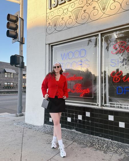 red sweater set, cardigan and tank top, cardigan, fall / winter, plain black a-line mini skirt, amazon / Hanes Women's Value, Crew Soft Moisture-Wicking Socks, budget friendly / affordable, on sale now, New balance 530 sneakers, walking shoes, comfy sneakers, casual shoes, running shoes, black box bag / purse, gold jewelry from Amazon (hoop earrings, rings), round metal ray ban sunglasses, amazon TERSE Cloth Headbands for Women Pink Hair Bands for Women Non Slip Soft Fabric Thin Head Band Elastic Sweat Hairbands Cute Hair Wrap for Girls Fashion Hair Accessories for Women, under $10, white headband 

#LTKfindsunder50 #LTKstyletip #LTKfindsunder100