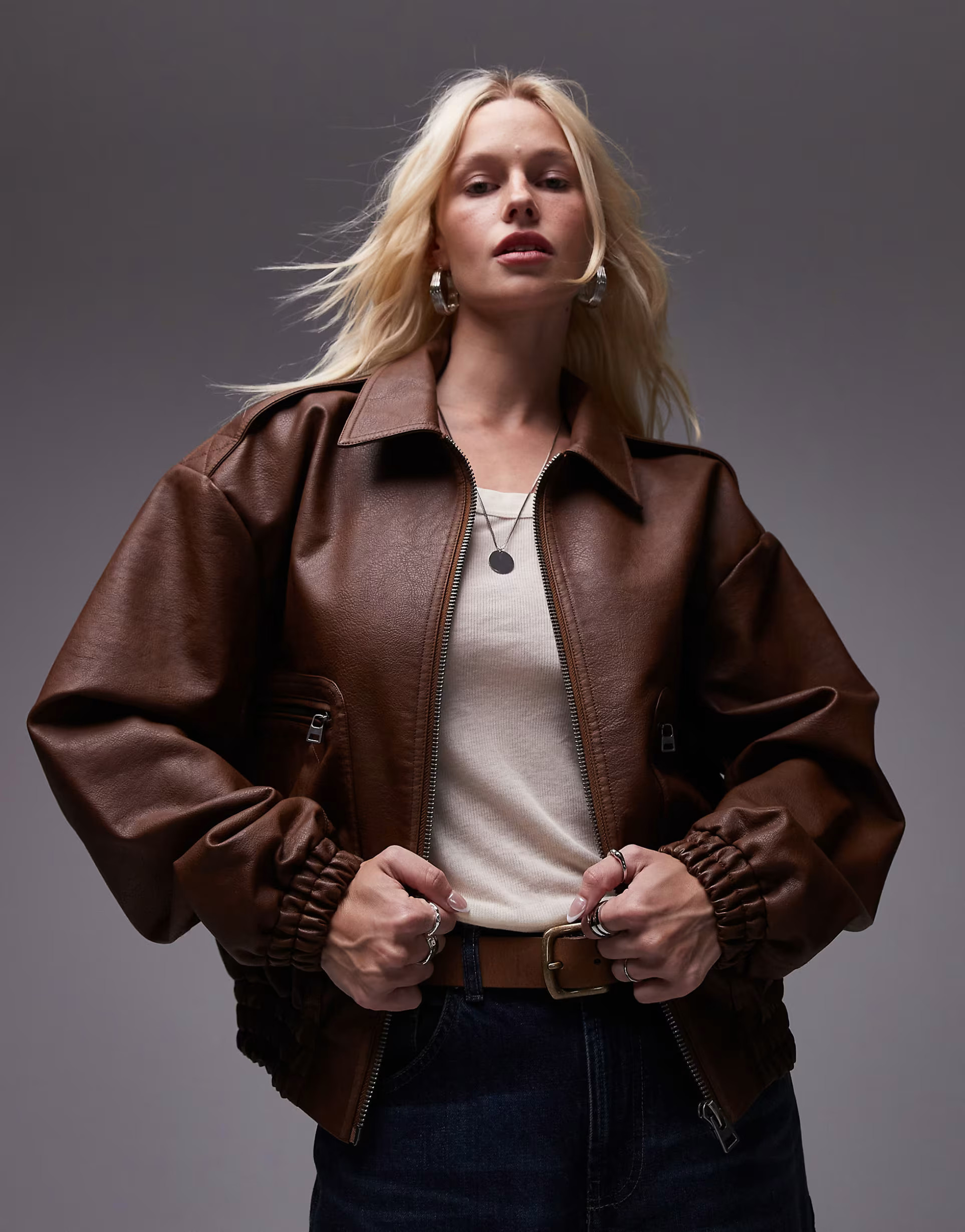 Topshop faux leather oversized bomber jacket in brown | ASOS (Global)