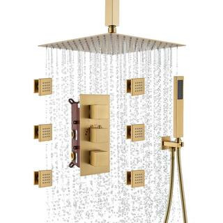 Luxury 3-Spray 12 in. Dual Shower Head and Handheld Shower Head Ceiling Mount 2.5 GPM with 6-Body Jets in Brushed Gold | The Home Depot