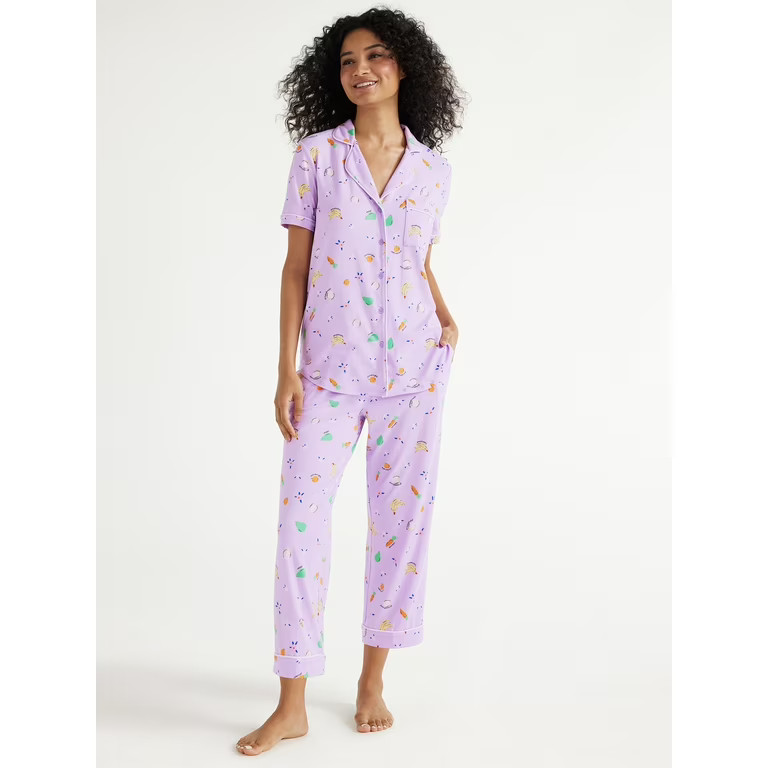 Joyspun Women's Knit Short Sleeve Notch Collar Top and Capri Pajama Set, 2-Piece, Sizes S to 3X | Walmart (US)
