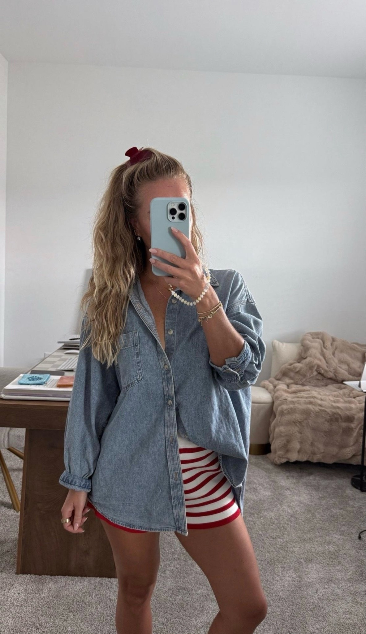 Casual OOTD ❤️ @Aritzia  Oversized Denim shirt paired with English Factory Striped Knit shorts. 

Small in shorts. 

Americana style, coastal grandmother style, New England summer, East Coast preppy, nautical outfit, classic summer fashion, red white and blue, summer holiday outfit, preppy style, coastal style

#LTKootd #LTKSeasonal