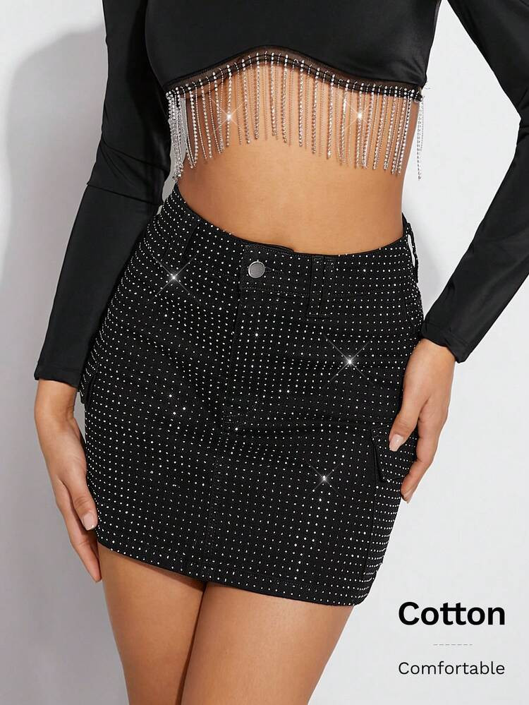 Denimoi Women's Black Rhinestone Dot Flap Pocket Jean Skirt, Mini Skirt, For Going Out, Party, Country Concert Outfit, Rave Festival Outfit, Clubwear | SHEIN