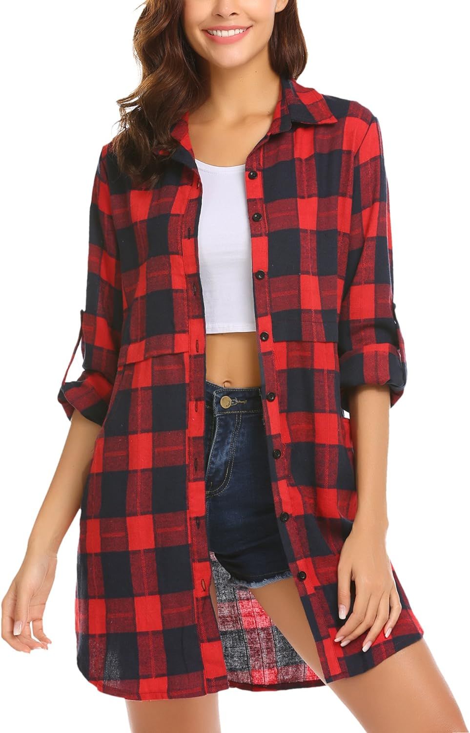 HOTOUCH Womens Flannel Plaid Shirts Roll Up Long Sleeve Pockets Mid-Long Casual Boyfriend Shirts | Amazon (US)