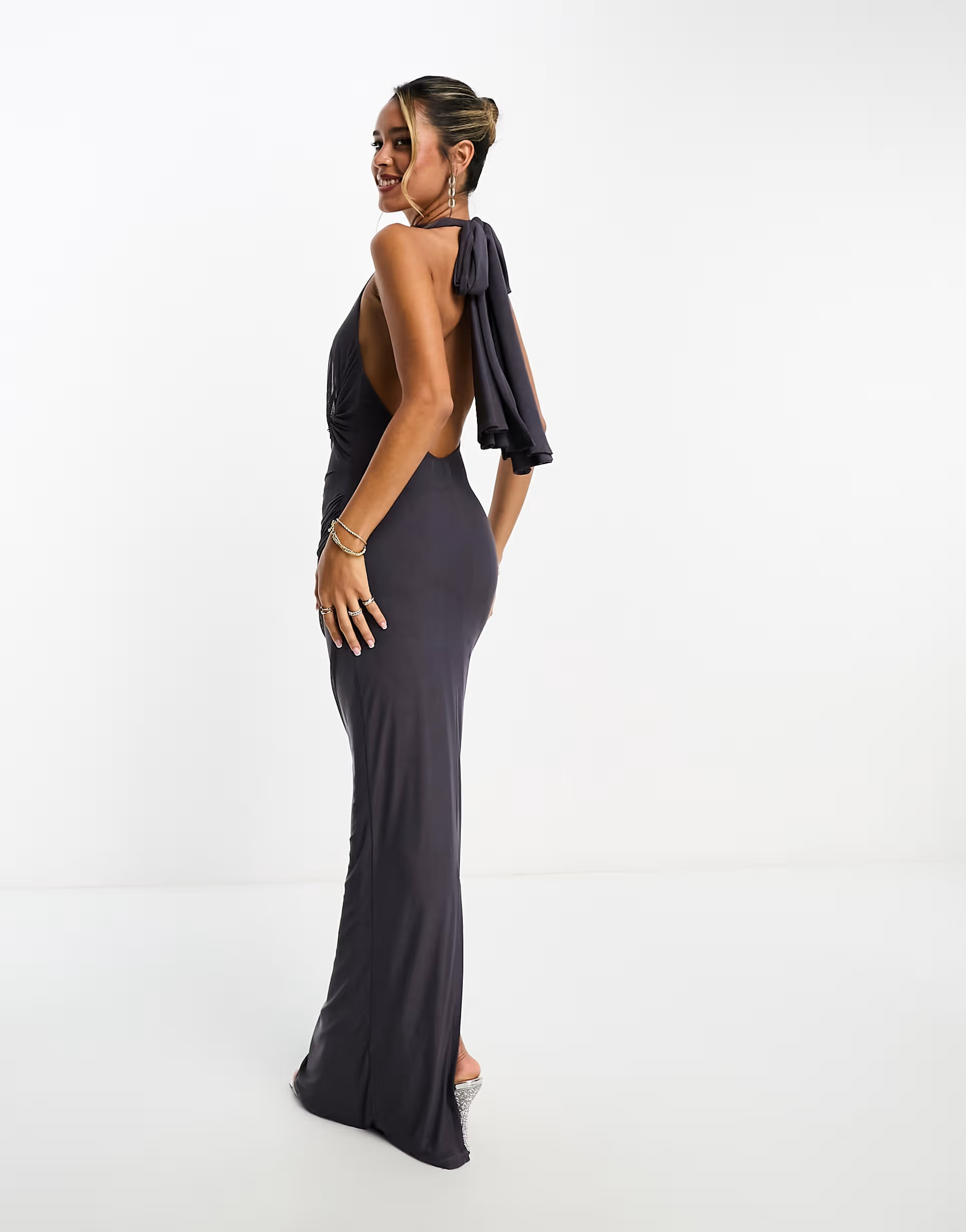 ASOS DESIGN mesh twist bust detail halter maxi dress with tie back neck in charcoal grey | ASOS (Global)