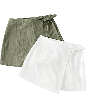 Milumia Women's 2 Pack Bowtie Side Wrap Skort Elastic Waist Solid Linen Shorts | Amazon (US)