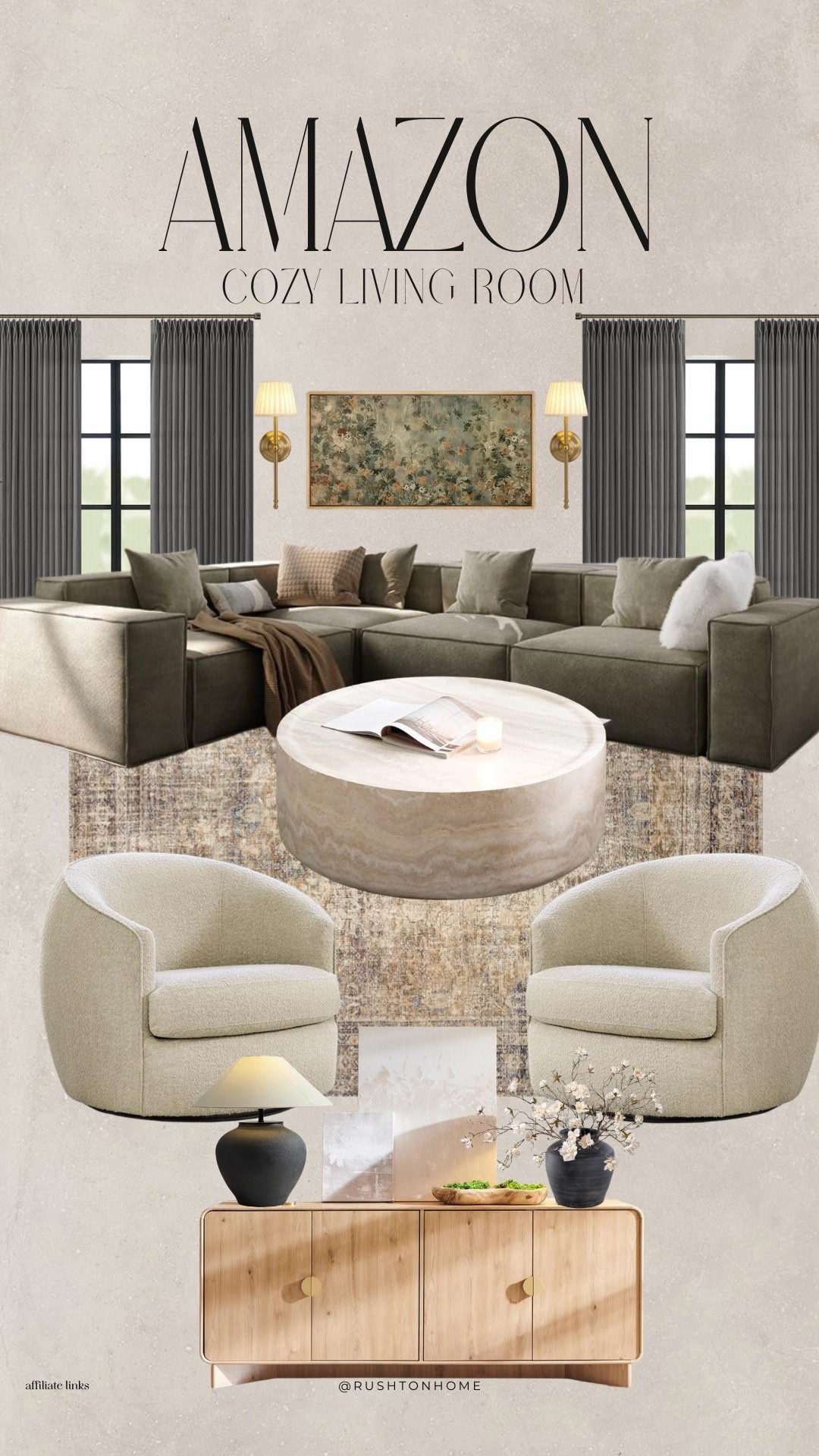 Ideas for the coziest living room ￼

Amazon living room furniture, cozy living room decor, neutral sectional sofa, olive green sectional, round stone coffee table, beige swivel chairs, modern wood sideboard, amazon home finds, neutral area rug vintage style, wall sconces gold, layered living room decor, affordable luxury living room, warm neutral home, organic modern living room, amazon home styling ideas

#LTKSaleAlert #LTKHome