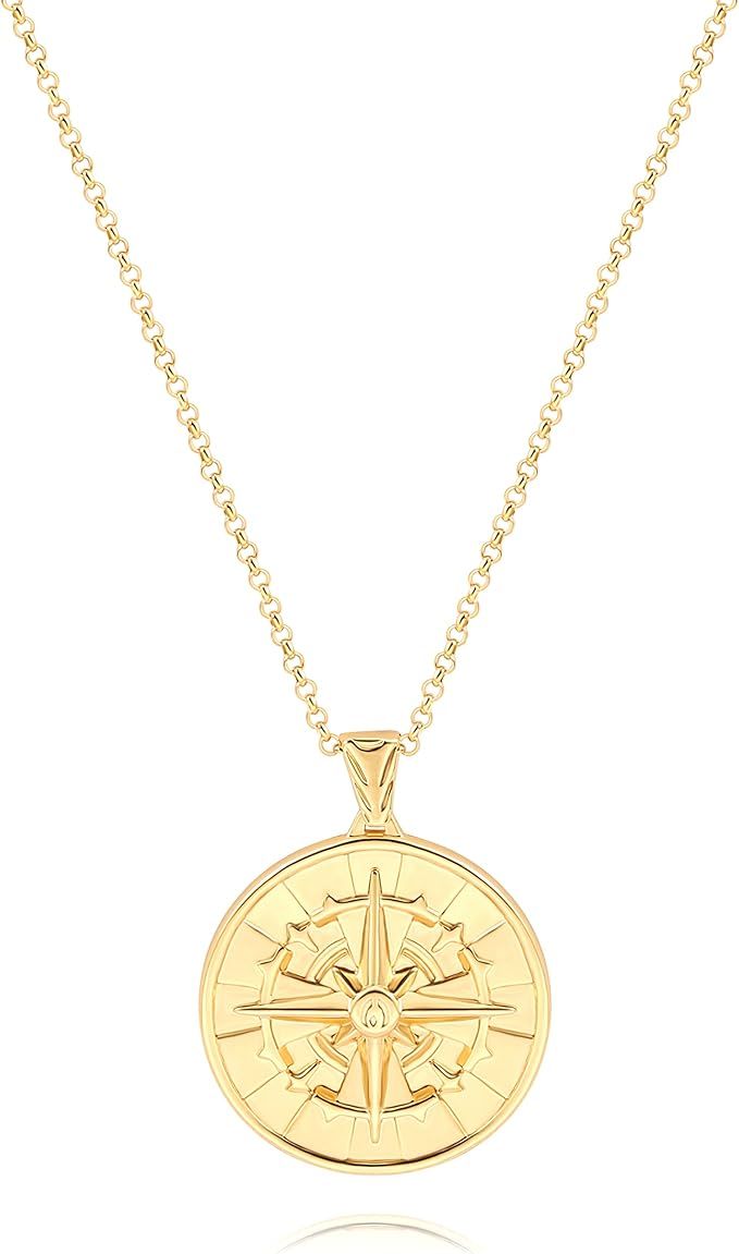 18K Gold Plate Compass Pendant Necklace for Women Dainty Sunflower Coin Necklaces for Girl Person... | Amazon (US)