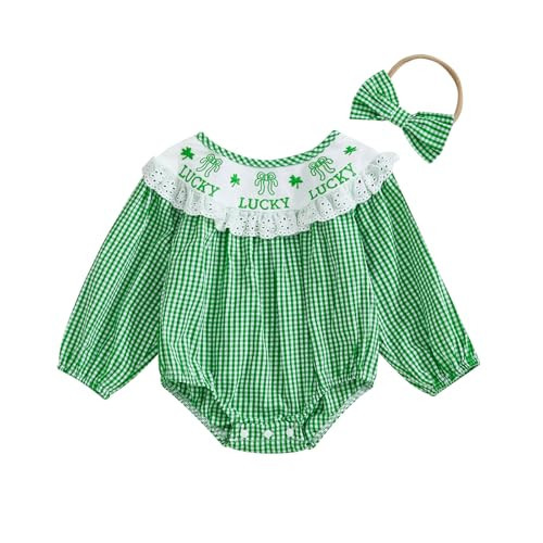 KtwHarnu Newborn Baby Girl St Patricks Day Outfit Lucky Clover Embroidery Plaid Ruffle Long Sleeve Smocked Bubble Romper (A-Green, 6-12 Months) | Amazon (US)