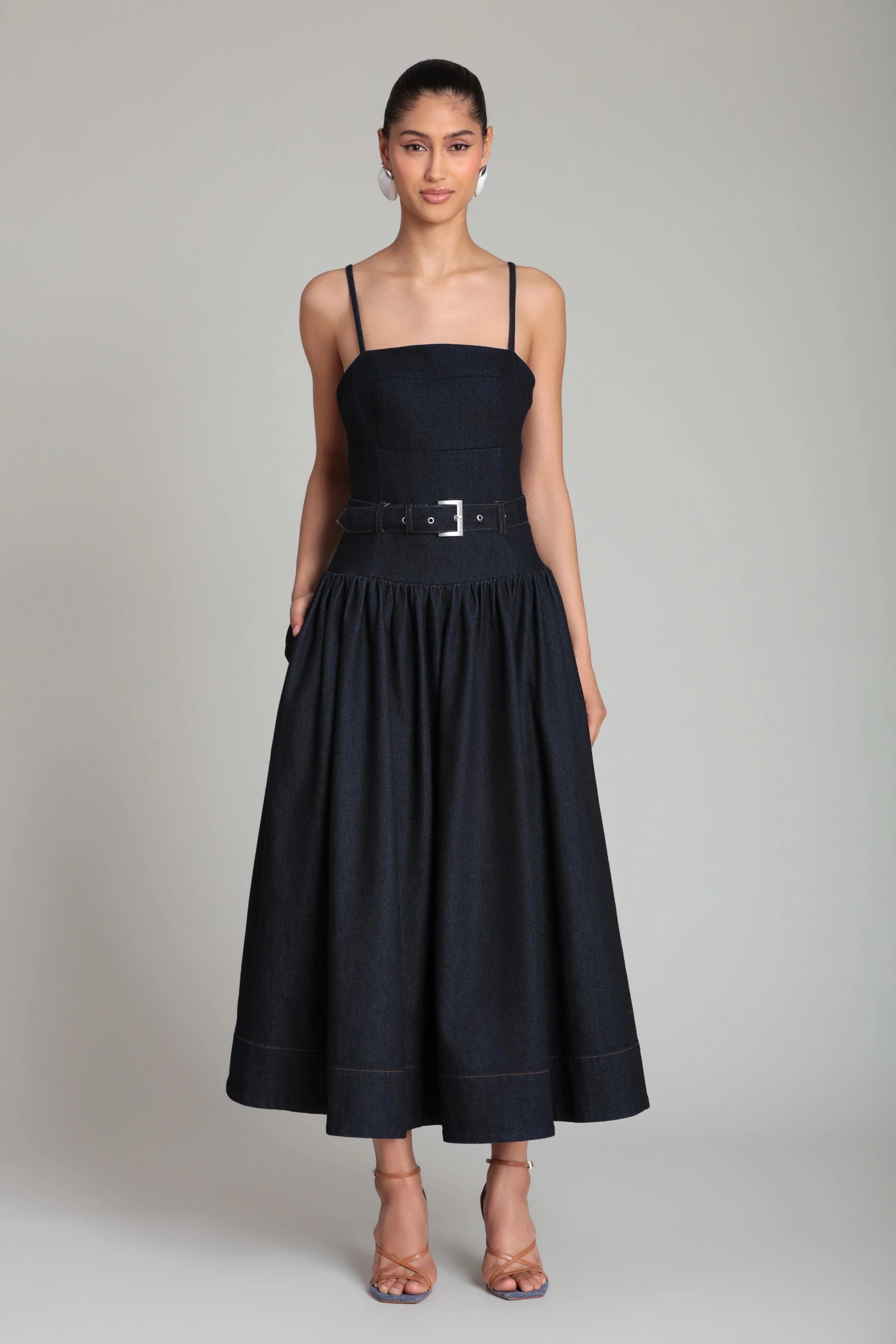 Belted Drop Waist Stretch Denim Midi Dress | Avec Les Filles