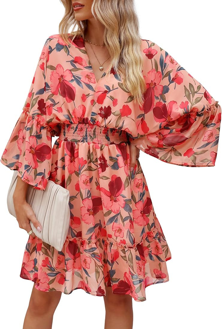 Women's Spring Summer 2023 Floral Mini Dress Boho A Line Chiffon Dress Casual Batwing Sleeve Shor... | Amazon (US)