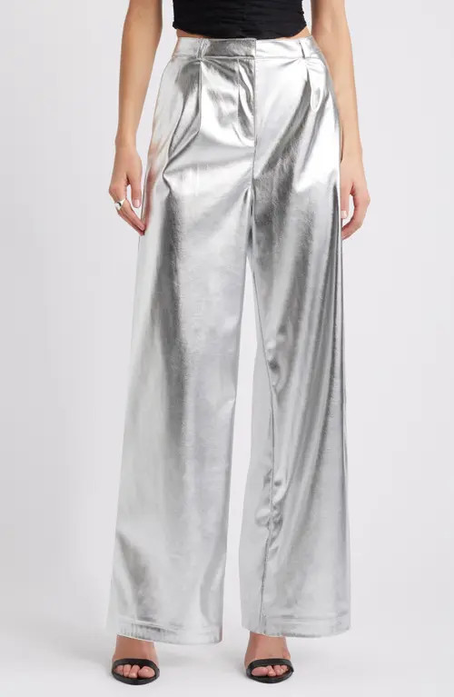 Open Edit Metallic Faux Leather Pants in Silver Metallic at Nordstrom, Size Xx-Large | Nordstrom