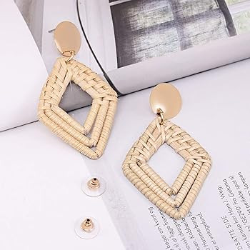 Rattan Earrings for Women Handmade Straw Wicker Braid Drop Dangle Earrings Lightweight Geometric ... | Amazon (US)