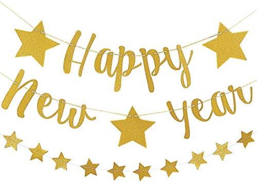 Gold Glitter Happy New Year Banner and Gold Glitter Twinkle Stars Garland,New Years Eve Party Suppli | Amazon (US)