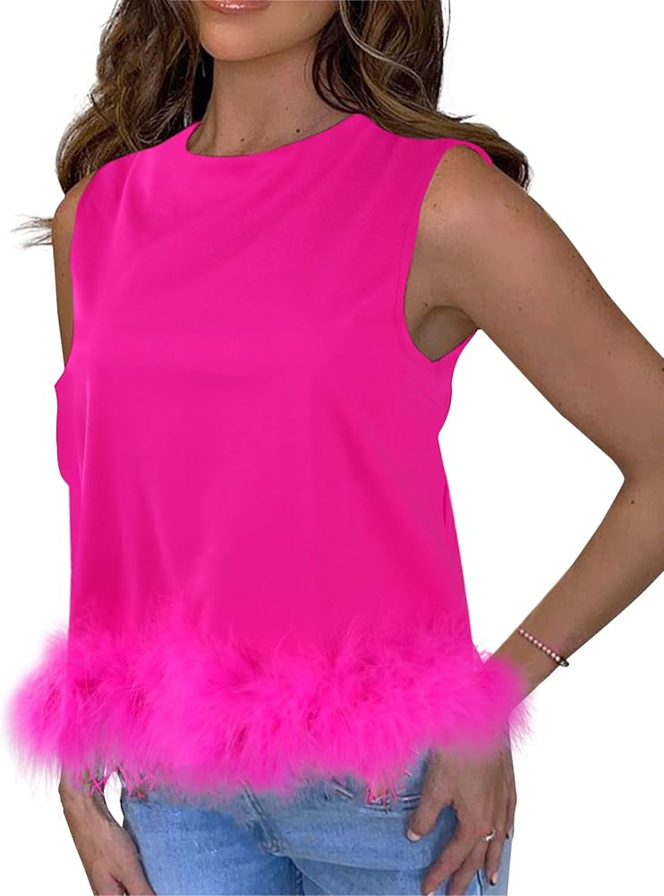 Meladyan Women Faux Fur Trim Crop Top Sleeveless Zip Back Crop Tank Club Party Cami Shirt Blouse ... | Amazon (US)