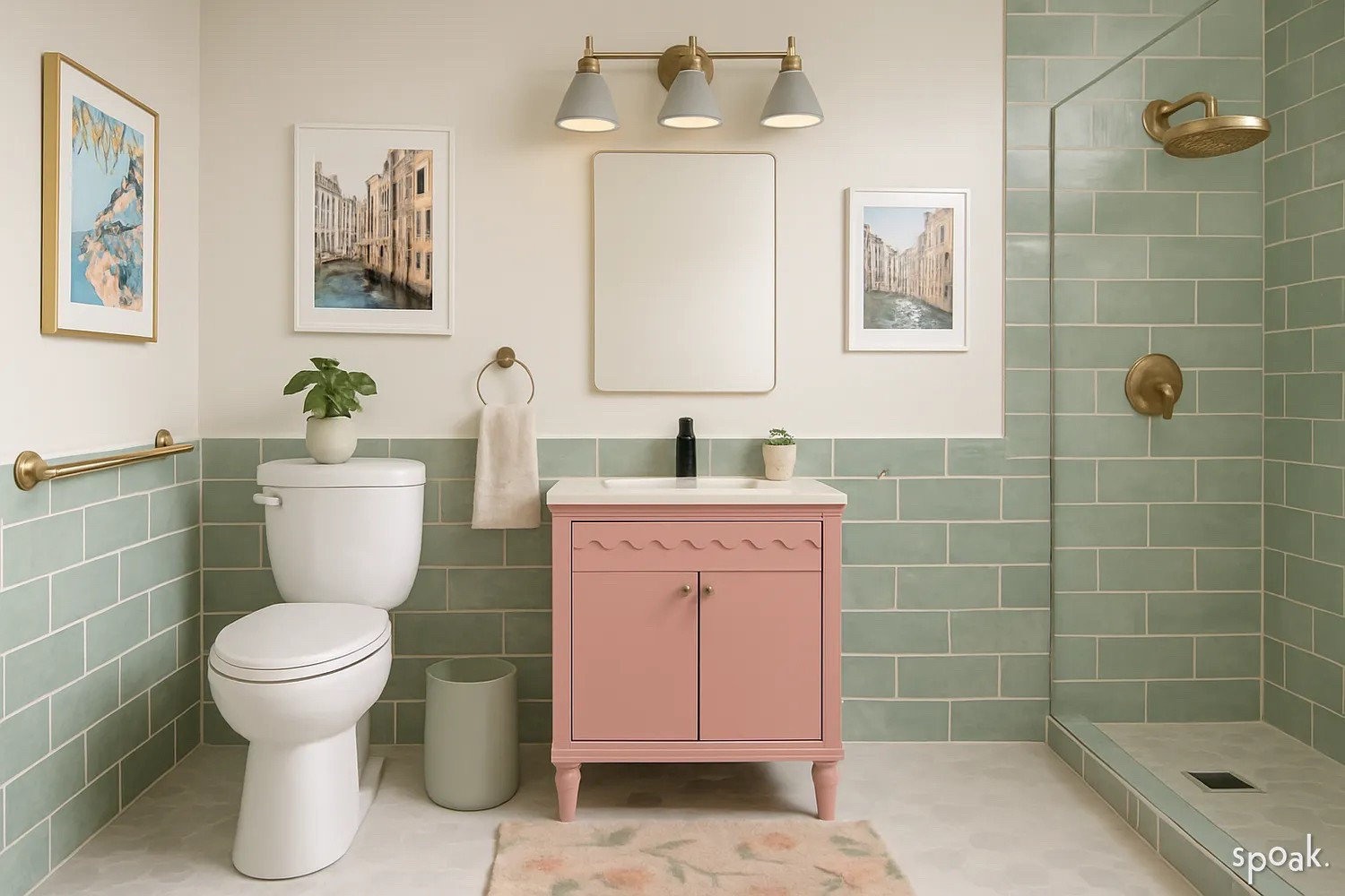 Gorgeous bathroom design, pink scalloped vanity from Wayfair, vanity lights, tile from Home Depot, bath rug from urban outfitters and Mediterranean wall art. #homedecor #bathroom 

#LTKStyleTip #LTKFamily #LTKHome