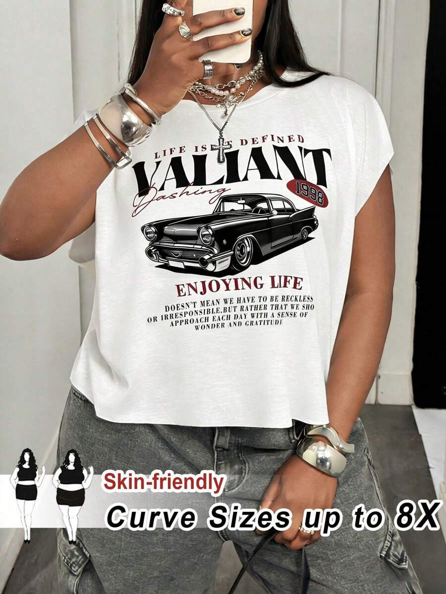 SHEIN CURVE+ Plus Size Vintage Style Car Graphic T-Shirt With Text, Casual And Simple, Suitable F... | SHEIN