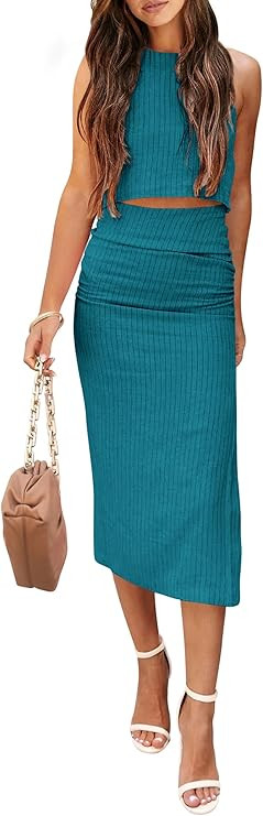 PRETTYGARDEN Women's 2 Piece Summer Outfits Crewneck Tank Tops Split Bodycon Midi Skirt Set | Amazon (US)