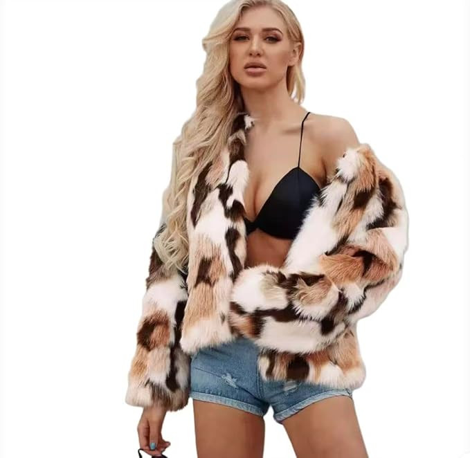 Autumn and winter mixed color faux fur coat jacket women | Amazon (US)