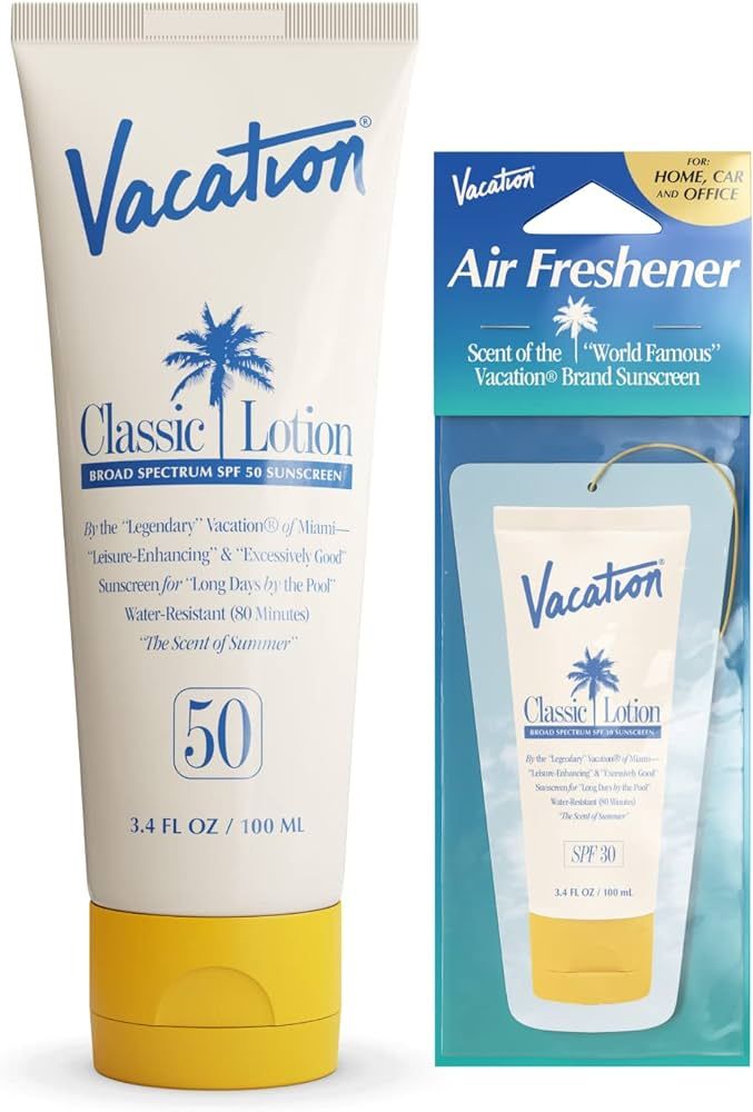 Vacation Classic Sunscreen Lotion SPF 50 + Air Freshener Bundle, Water Resistant Broad Spectrum S... | Amazon (US)