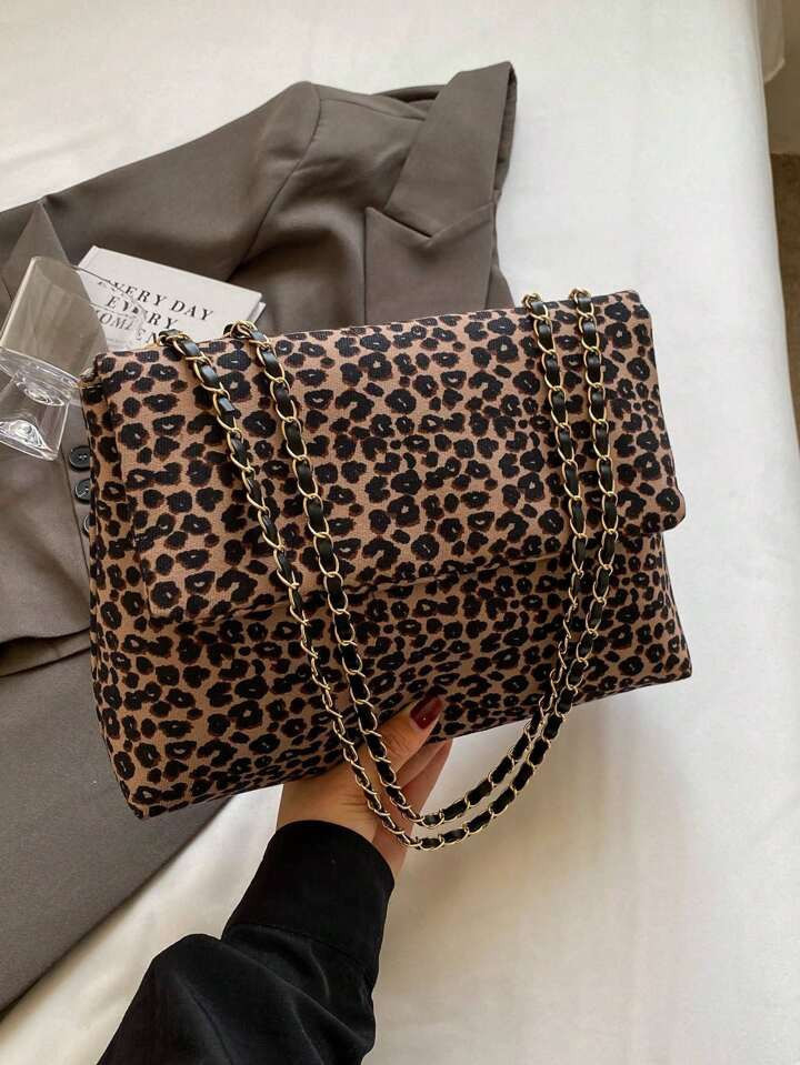 Modieuze crossbodytas met metalen ketting en luipaardprint, één schouder, Europese en Amerikaan... | SHEIN