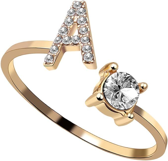 Letter Initial Alphabet Knuckle Rings A-Z Gold Crystal Adjustable Ring For Women Girls | Amazon (US)