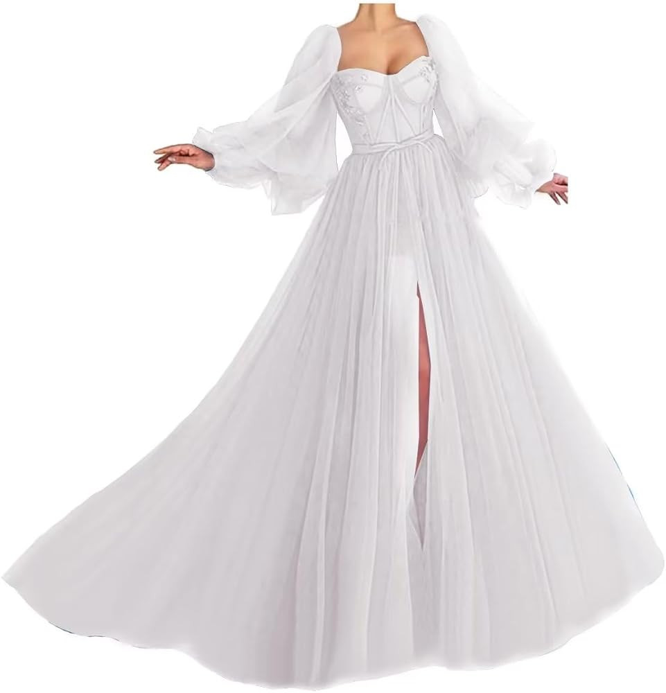 Puffy Sleeve Prom Dress Sweetheart Tulle Ball Gown Slit Formal Evening Gowns Princess Wedding Dre... | Amazon (US)