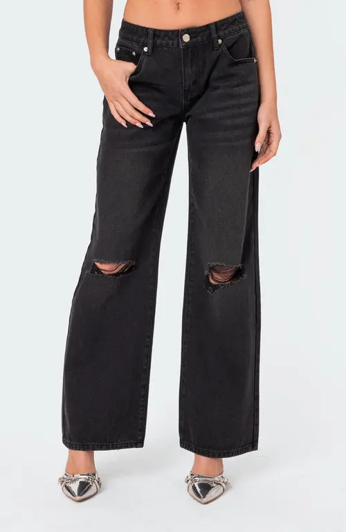 EDIKTED Debbie Ripped Low Rise Wide Leg Jeans in Black at Nordstrom, Size X-Small | Nordstrom