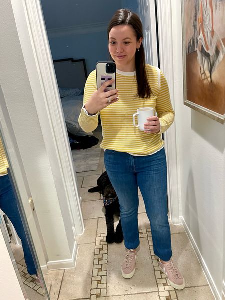 Cute lightweight yellow striped sweater with subtle scallop hem 
Mother denim, tts 
Veja Campo sneakers 
Mom uniform, mom on the go outfit, spring outfit idea 


#LTKfindsunder100 #LTKSeasonal #LTKstyletip