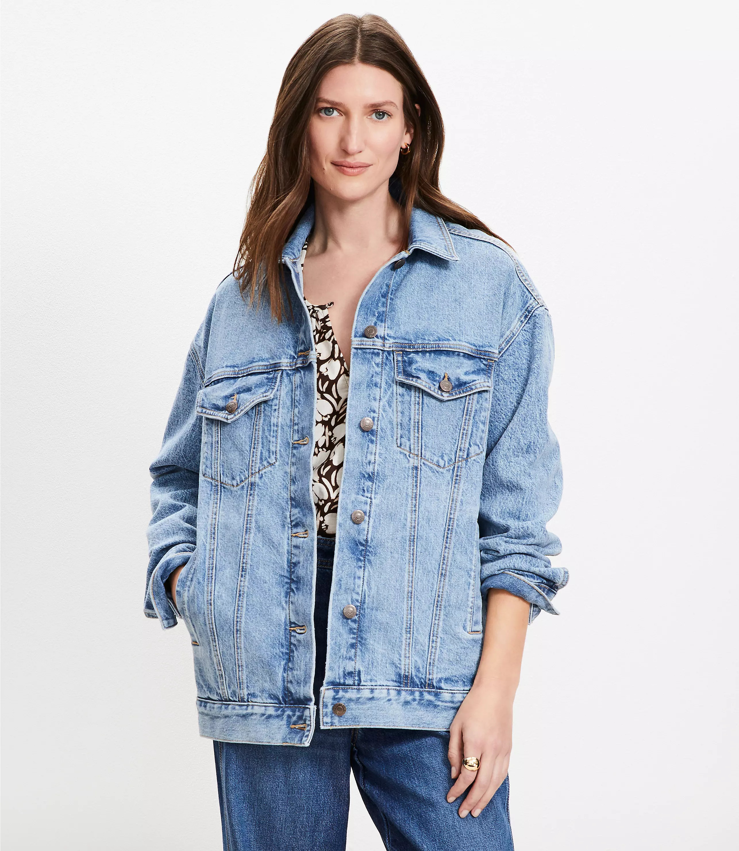 Petite Oversized Denim Trucker Jacket in Light Wash Indigo | LOFT
