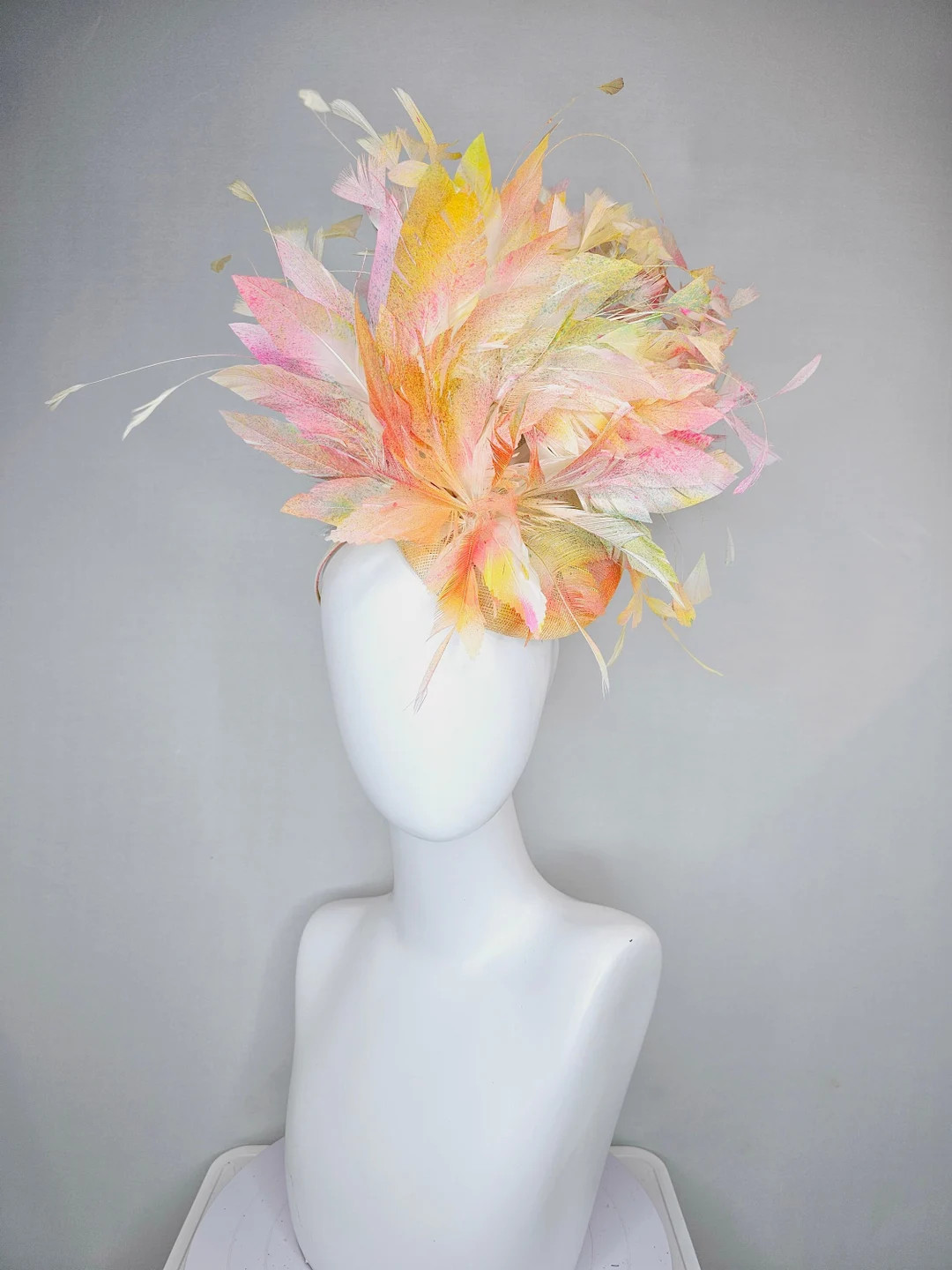 kentucky derby hat fascinator ombre rainbow colorful hand painted white sinamay and feather flowe... | Etsy (US)