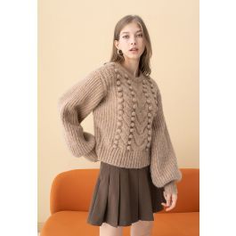 Fuzzy Pom-Pom Ribbed Mix-Knit Sweater in Brown | Chicwish