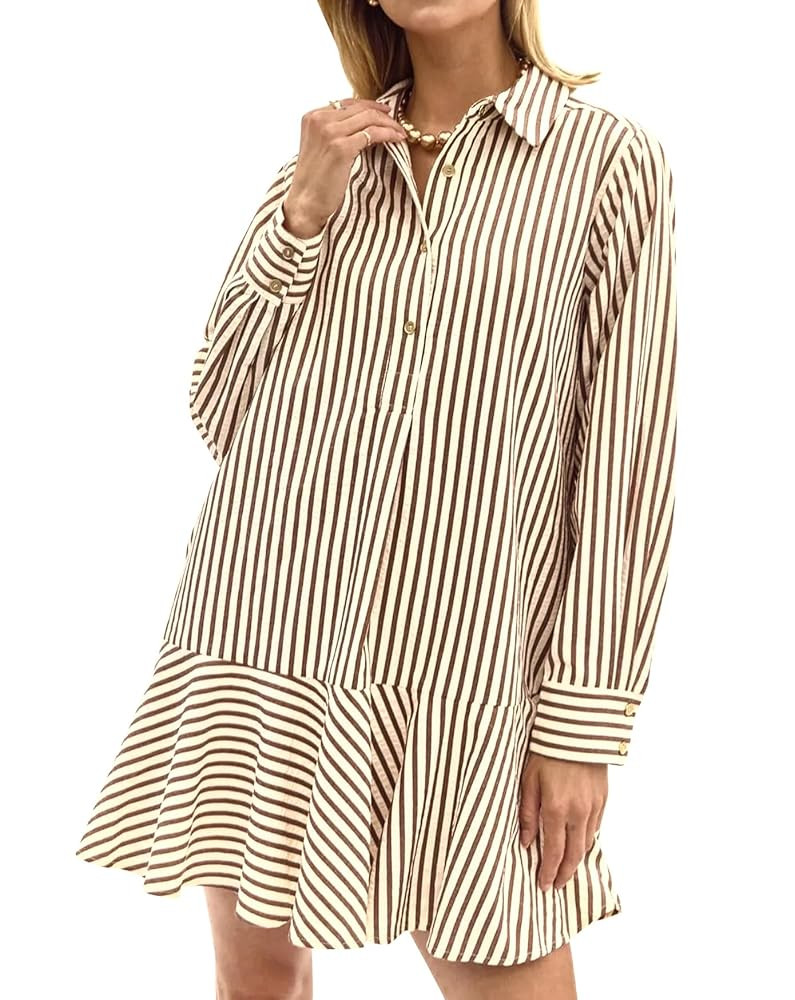 Womens Striped Shirt Mini Dress Long Sleeve Collared Ruffle Hem Button Up Tunic Flowy Swing Dress... | Amazon (US)