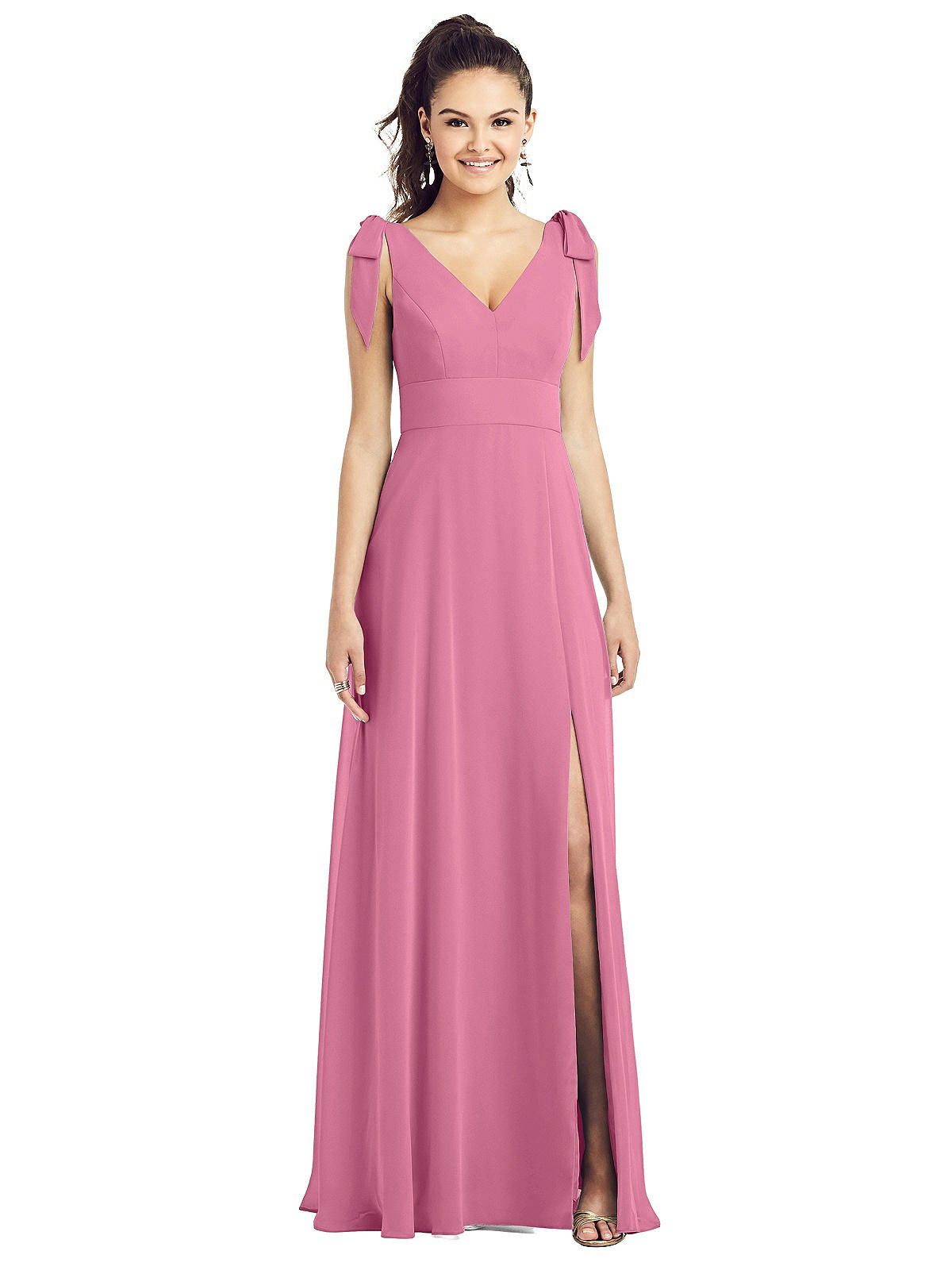 Bow-Shoulder V-Back Chiffon Gown with Front Slit in Orchid Pink | The Dessy Group